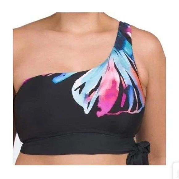 La Blanca NWT Sz 16W Black Multi Plus One Shoulder Swimsuit Top - Picture 1 of 6